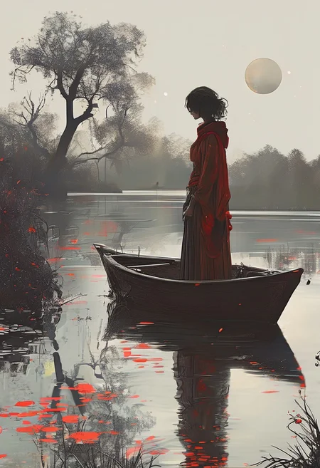 linquivera,  Ink illustration, (anime:0.5), brown tones, aged black red paper, inkpunk, moonlight,surreal, a ghost standing on a boat in swampy wetlands, (at a distance), Will-o'-the-wisp, moonlit, lonely, solitude, windy, tall trees, willows, willowy,  OverallDetail, extremely detailed, UHD,(long exposure , dystopian but extremely beautiful:1.4), dark elf, sad, pensive, beautiful, 1girl<lora:- SDXL - letitflrsh_let_it_flourish_V1.0:0.8> ,<lora:Cute_Collectible:1>, <lora:XL_boss_battle:0.6>  <lora:add-detail-xl:1>,  <lora:Concept Art Twilight Style SDXL_LoRA_Pony Diffusion V6 XL:1>,  <lora:MJ52:1>
