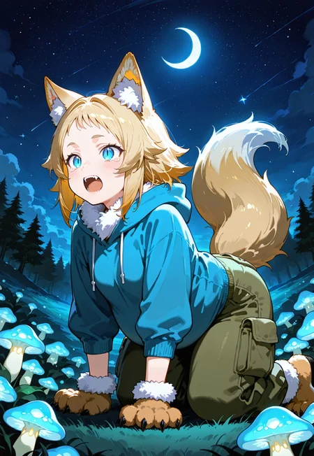 General, masterpiece, best quality, amazing very aesthetic, absurdres, warm lighting, soft focus, highly detailed, intricate textures, realistic shading, detailed background, (Jyuu Ayakura)

BREAK

1man:[tears, wolf fangs, open mouth, chubby body, (man face), very short blonde hair, hair styled back, blue eyes, slit pupils, small breasts, cargo pants, hoodie, (hood on), fluffy blonde wolf tail, fluffy wolf ears, earfluff, animal hands, animal legs]

BREAK

On all fours, Wonderland, glowing mushrooms, glowing plants, night, crescent moon, stars 

Fluffy, tuft, detailed fur 