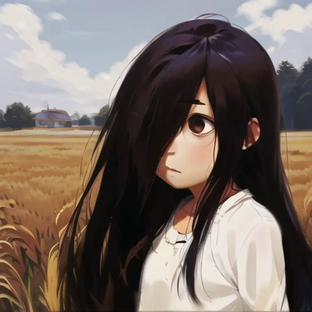 ((masterpiece)),(best quality), absurdres,sadako_yamamura,<lora:Sadakobest:0.8>, 1girl, solo, <lora:alkemanubisStyle_alkemanubisV1:0.7>, farmhouse, wheat,cornfield,