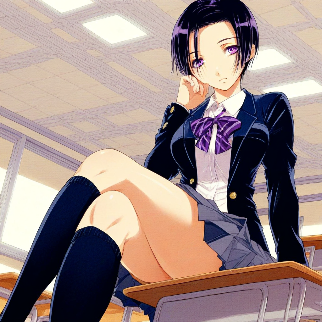 score_9, solo, kodera_aoi, short hair, black hair, purple eyes, school uniform, classroom, crossed legs