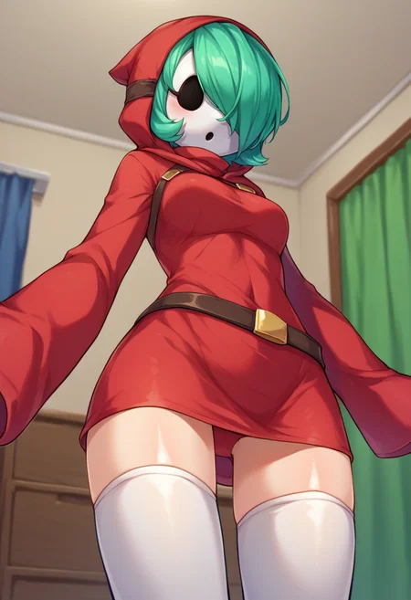 score_9,score_8_up,score_7_up BREAK <lora:shygal:1>,shygalSDXL,1girl,solo,short hair,thighhighs,dress,green hair,belt,hood,hair over one eye,white thighhighs,zettai ryouiki,hoodie,mask,short dress,red dress,hood up,turtleneck dress,cowboy shot,room,room background, from below