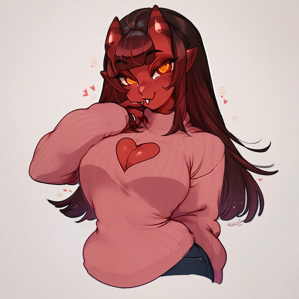 score_9, score_8_up, score_7_up, score_6_up, score_5_up, Solo, Meru_the_Succubus, large breasts, large hips, long sweater, heart cut out