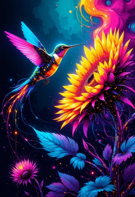 A fantastic art splash in the style bo-cyborgsplash, A robotic hummingbird hovering near a cybernetic sunflowers, drawing energy from its neon petals, electric sparks in the air, glitch textures, vibrant color splash, futuristic laboratory, high-tech floral research.<lora:boFLUX Cyborgsplash.safetensors:1.0:1.0>