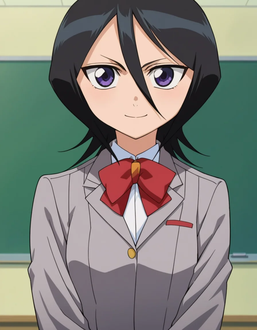 score_9, score_8_up, score_7_up, source_anime,
rukiakuchiki, <lora:rukia-kuchiki-s1-ponyxl-lora-nochekaiser:1>,
rukia kuchiki, black hair, hair between eyes, purple eyes, short hair,
skirt, bow, school uniform, jacket, blazer, grey jacket,
indoors, classroom, smile,
looking at viewer, cowboy shot, dutch angle,