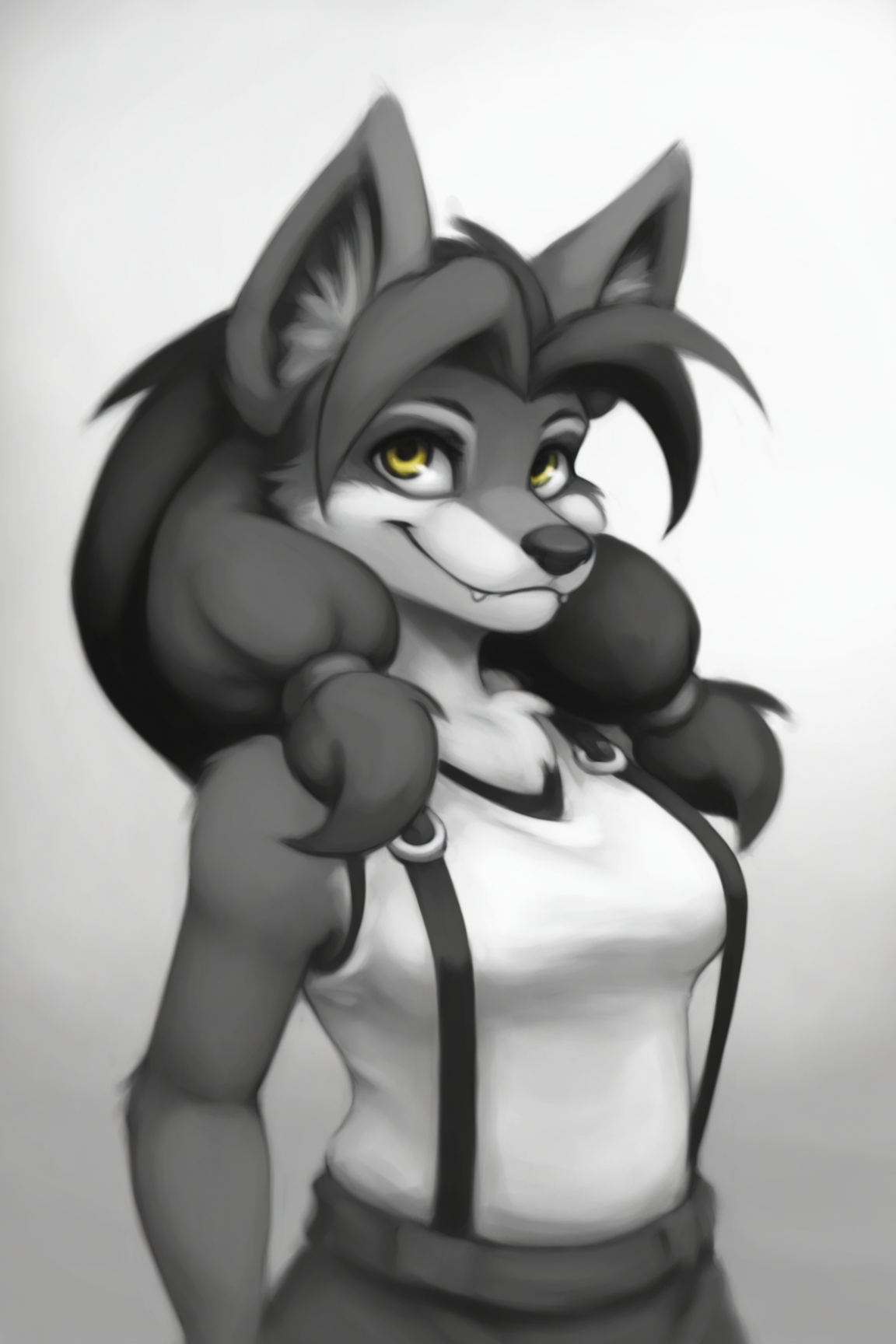 masterpiece, best quality, amazing quality, very aesthetic, high resolution, ultra-detailed, absurdres, newest, scenery, depth of field, scenery, volumetric lighting, by dogyd, hilda (warcraft), warcraft, canid, werecanid, werecreature, worgen, furry, furry female, anthro, brown hair, yellow eyes, black nose, brown fur, brown body, body fur, tuft, inner ear fluff, cheek tuft, claws, monochrome, greyscale, 1girl, solo, medium breasts, animal ears, female focus, long hair, suspenders, gradient background, closed mouth, looking at viewer, smile, fangs