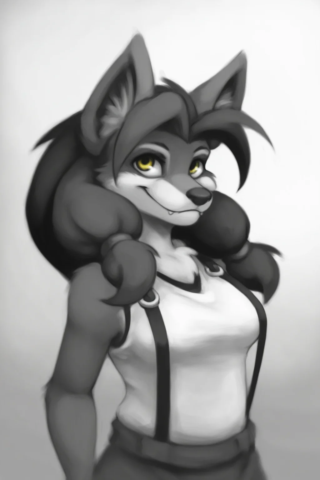 masterpiece, best quality, amazing quality, very aesthetic, high resolution, ultra-detailed, absurdres, newest, scenery, depth of field, scenery, volumetric lighting, by dogyd, hilda (warcraft), warcraft, canid, werecanid, werecreature, worgen, furry, furry female, anthro, brown hair, yellow eyes, black nose, brown fur, brown body, body fur, tuft, inner ear fluff, cheek tuft, claws, monochrome, greyscale, 1girl, solo, medium breasts, animal ears, female focus, long hair, suspenders, gradient background, closed mouth, looking at viewer, smile, fangs