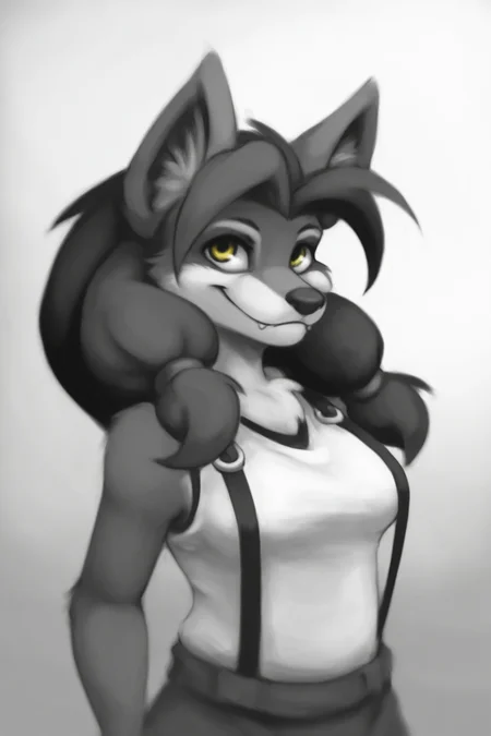 masterpiece, best quality, amazing quality, very aesthetic, high resolution, ultra-detailed, absurdres, newest, scenery, depth of field, scenery, volumetric lighting, by dogyd, hilda (warcraft), warcraft, canid, werecanid, werecreature, worgen, furry, furry female, anthro, brown hair, yellow eyes, black nose, brown fur, brown body, body fur, tuft, inner ear fluff, cheek tuft, claws, monochrome, greyscale, 1girl, solo, medium breasts, animal ears, female focus, long hair, suspenders, gradient background, closed mouth, looking at viewer, smile, fangs