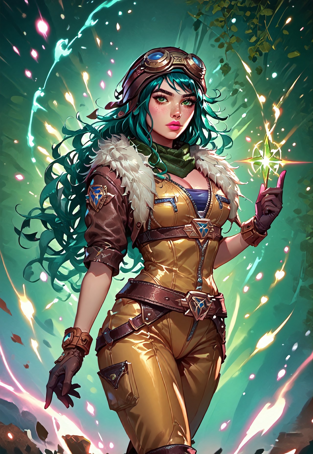 ((zPDXL3)), ((masterpiece,best quality, highly detailed)), ((score_9)), score_8_up, score_7_up, score_6_up, score_5_up, score_4_up, Digital painting style, brushstrokes, ((EnhanceImage)), solo, 1girl, IreliaARLoLXL, pink lips, green eyes, aqua hair, long hair, bangs, goggles on head, large breasts, green scarf, cleavage, brown jacket, fur trim, short sleeves, yellow bodysuit, blue bodysuit, black gloves, belt, brown boots,
Expressiveh, 30yo, adult lustful confident woman, petite, slender body, perky saggy natural breasts, full lips, bangs, sidelocks, straps,
chinese magical sorceress, animated, swirling magic, wisps of magic, dancing pose, tight squeezed outfit, magical accessories, evoking motion, conveying motion, dynamic splash art, 
<lora:PainterlyFantasiaPDXL:0.6>,