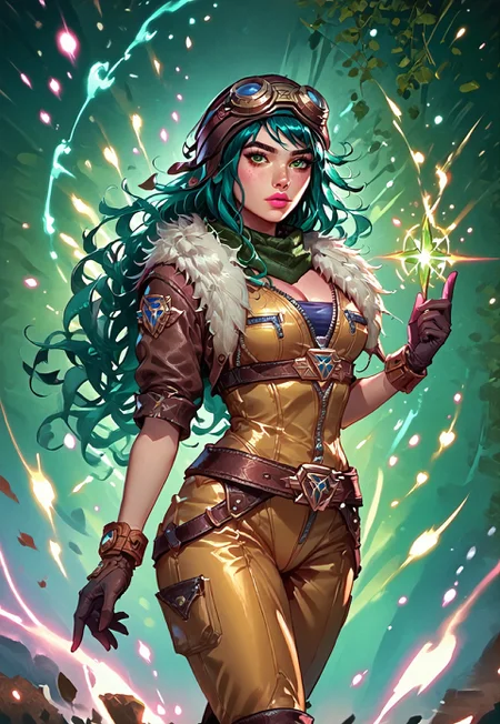 ((zPDXL3)), ((masterpiece,best quality, highly detailed)), ((score_9)), score_8_up, score_7_up, score_6_up, score_5_up, score_4_up, Digital painting style, brushstrokes, ((EnhanceImage)), solo, 1girl, IreliaARLoLXL, pink lips, green eyes, aqua hair, long hair, bangs, goggles on head, large breasts, green scarf, cleavage, brown jacket, fur trim, short sleeves, yellow bodysuit, blue bodysuit, black gloves, belt, brown boots,
Expressiveh, 30yo, adult lustful confident woman, petite, slender body, perky saggy natural breasts, full lips, bangs, sidelocks, straps,
chinese magical sorceress, animated, swirling magic, wisps of magic, dancing pose, tight squeezed outfit, magical accessories, evoking motion, conveying motion, dynamic splash art,
<lora:PainterlyFantasiaPDXL:0.6>,
