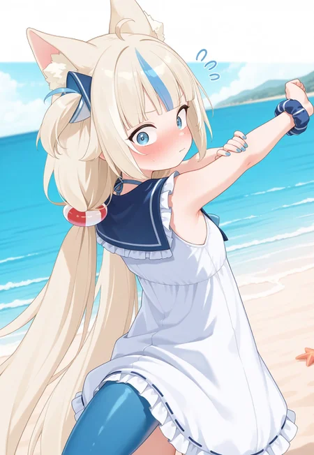 masterpiece, best quality, beach,
1girl, blue eyes, blonde hair, blue hair, very long hair, streaked hair, ahoge, blunt bangs, low twintails, one side up, hair ornament, blush, cat ears, animal ear fluff, sailor dress, white dress, blue sailor collar, badge, single wrist scrunchie, blue nails, fish tail, 
from behind, stretching, looking back, looking at viewer, standing, arched back, closed mouth, wide-eyed, flustered