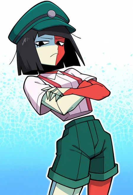 masterpiece, best quality, highres, BREAK, 1girl, solo, ena2, leftface, geometric body, detached limbs, multicolored skin, white and red skin, black eyes, black hair, short hair, blunt bangs, dbbqoutfit, green headwear, peaked cap, white shirt, collared shirt, short sleeves, suspenders, green shorts, frustrated, looking at viewer, frown, crossed arms, standing, cowboy shot, abstract background