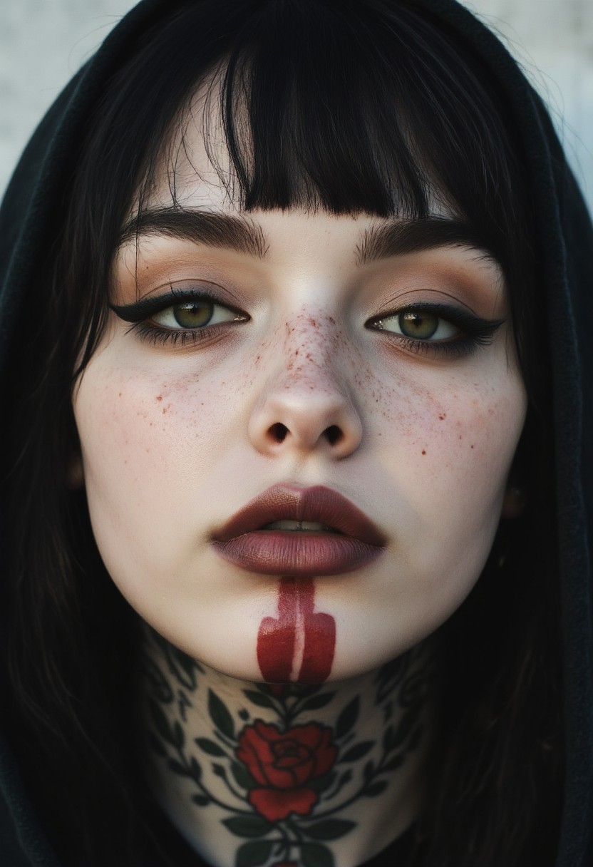 roger-style, a Closeup Portrait of a light Brown skinned freckled Face tattooed lightly smiling yukip Emo Girl with Large eye-makeup, eyeshadow, Hood shading the eyes, volumetric backlight, intricate details, vibrant Red chin tattoo