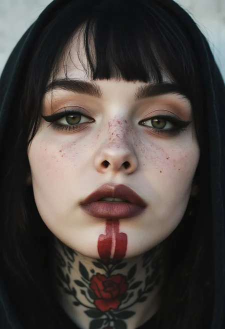 roger-style, a Closeup Portrait of a light Brown skinned freckled Face tattooed lightly smiling yukip Emo Girl with Large eye-makeup, eyeshadow, Hood shading the eyes, volumetric backlight, intricate details, vibrant Red chin tattoo