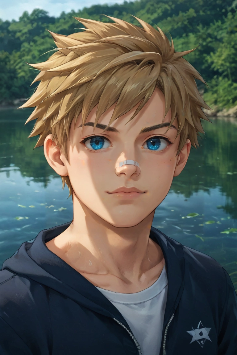 score_9, score_8_up, score_7_up, source_anime, rating_safe, , (realistic:0.6), looking at viewer, depth of field, 1boy, solo, male focus, <lora:connor_bleufin_pony:0.9>, connor_bleufin, blonde hair, blue eyes, short hair, spiked hair, bandaid on face, , symmetry, lake city, dusk, floating, :D, , <lora:sdxl_lightning_8step_lora:1>