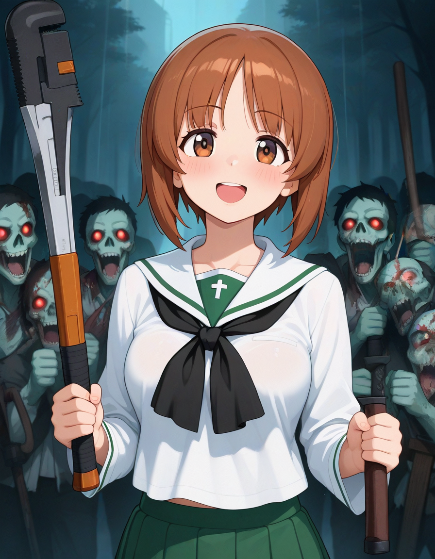 1girl,nishizumi miho, holding piwren,blush, ooarai school uniform, happy,(swinging weapon:1.5),surrounded by zombie, apocalytic sunset,
masterpiece,  absurdres,  best quality,high score,good score,
 <lora:piwren:1>