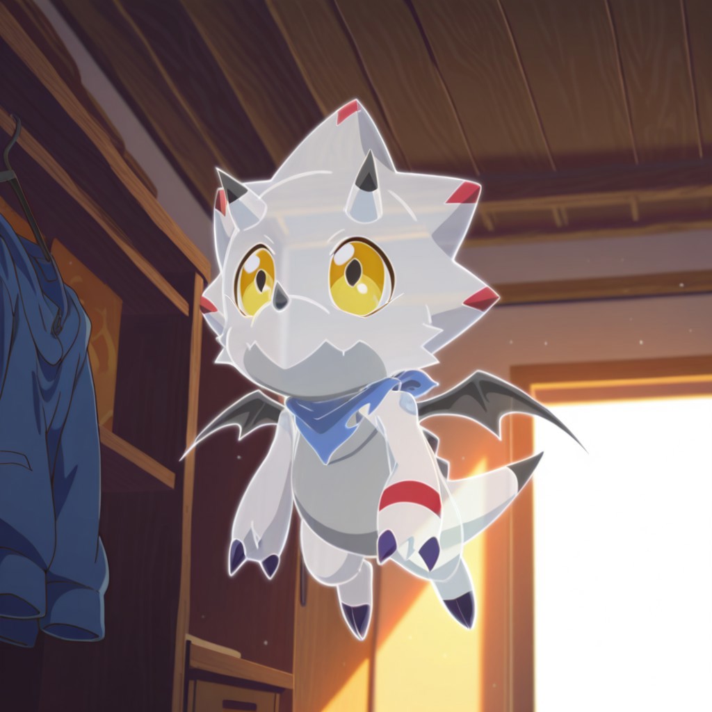 ((masterpiece, best quality, amazing quality,))  GammaGil, semi-anthro, Gammamon, ceratopsian, ghost form, outline, translucent body, white skin, yellow eyes, translucent blue neckerchief, horns, nose horn, tail, translucent character, translucent bat_wings, flying, inside, solo