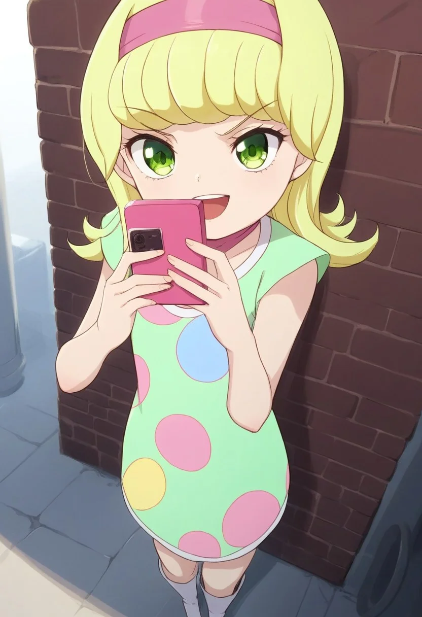 score_9, score_8, score_7_up, yuna goha, long hair, blonde hair, swirly bangs, green eyes, pink headband, happy face, pink headband, green dress, polka dot-patterned dress, pink scarf, white boots, outdoors, dark alley, leaning on a wall, holding a smartphone, looking at viewer,