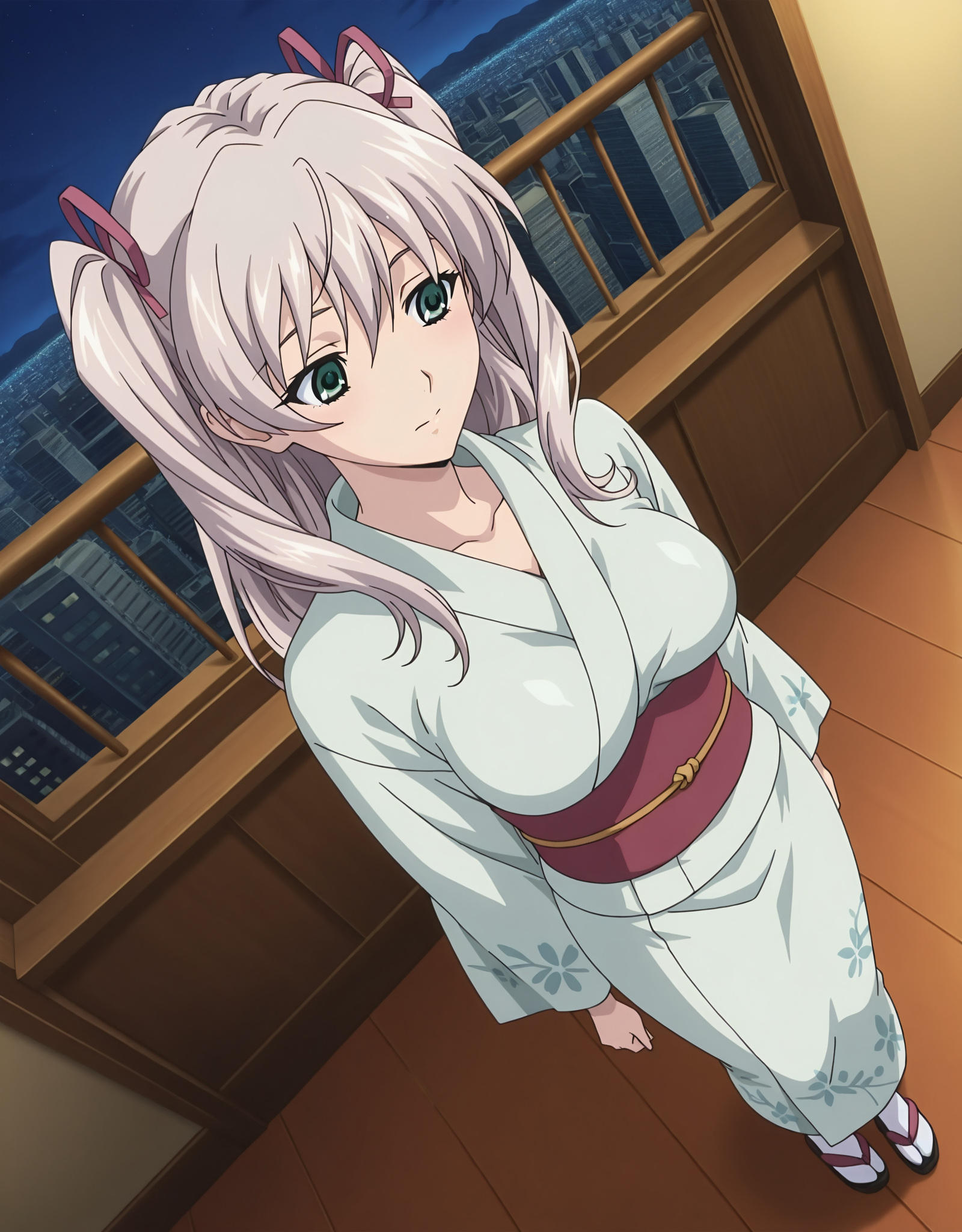 masterpiece,best quality,very aesthetic,zPDXL,2023,anime style,huge filesize,wallpaper,anime screencap,
BREAK <lora:suvia_v5-000018:0.8>,suviav5,1girl,solo,long hair,ribbon,hair ribbon,green eyes,two side up,breasts,twintails,medium breasts,grey hair,17-year-old girl,(a domineering girl:1.3),skinny,standing,dynamic_angle,close-up,macro_shot,fullbody,city,(kimono:0.5),hair bun,yukata,print kimono,furisode,