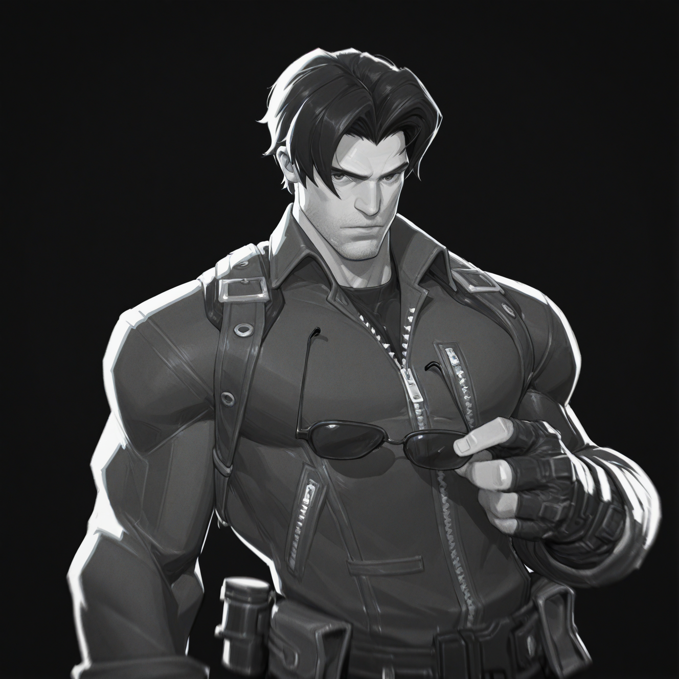 <lora:WINTER_SOLDIER_TB:1>buki, solo, looking at viewer, black hair, handsome, 1boy, gloves, holding, jacket, upper body, monochrome, male focus, greyscale, glasses, belt, fingerless gloves, muscular, facial hair, sunglasses, zipper, unworn eyewear, manly, holding removed eyewear, curtained hair, weapon, dynamic view, motion blur, film grain, simple background, abstract, dynamic, very awa, masterpiece, best quality, absurdres, newest, perfect quality, intricate details, (artist:fl \(l-fl\):0.7), (artist:tooboshoo:0.7), (artist:dizdoodz:0.8)