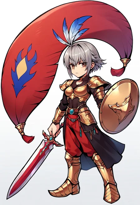 score_9,score_8_up,score_7_up,score_6_up, lu lingqi, short hair, grey hair, armor, head armor, feathers, brown eyes, sword, shield, holding sword, holding shield, operaomniastyle, full body, white background, zPDXL3,