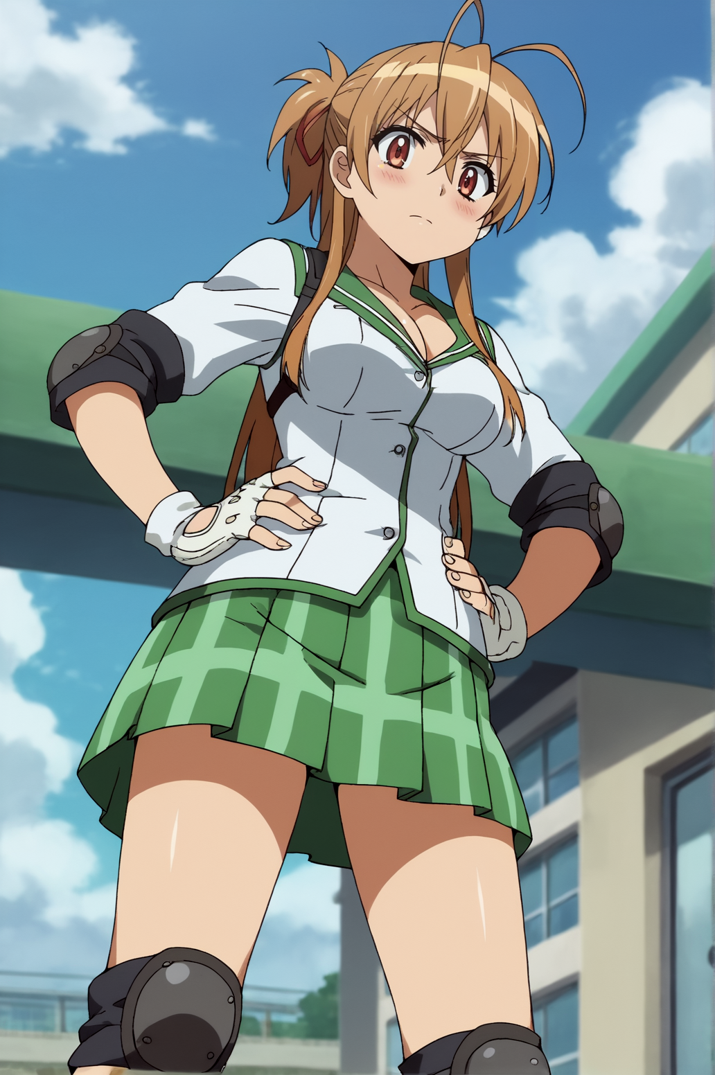 score_9, score_8_up, score_7_up,anime_source, source_anime, best background, detailed background, anime screencap,  Rei, cleavage, school uniform, solo, blush, hands on own hips, dynamic camera, dynamic angle, from below, blood on clothes, elbow pads, knee pads, fingerless gloves, white gloves outdoors,  <lora:JN_Rei_Miyamoto:0.8>