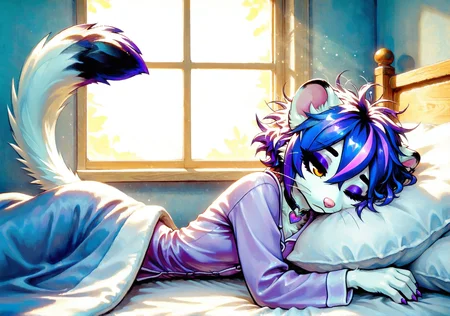 ILGMVO3, FMIXFT, radiant details, smari4, 1girl, solo, furry female, pink nose, whiskers, shiny hair, white fur, amber eyes, eyeshadow, eyeliner, thick eyebrows, (short hair, sidelocks, hair between eyes, blue hair, violet hair, streaked hair, cyan streaks, violet streaks, highlights), white body fur, body fur, black ear tips, (weasel tail, white tail, black tail tip), heart choker, paws, small claws, purple claws, skinny, narrow waist, purple pajamas, indoors, bed, window, sun, under covers, sleepy, half closed eyes, one eye closed, head on pillow, (messy hair:1.3),
masterpiece,best quality,amazing quality