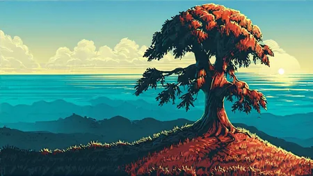 great tree sitting on a hill, ocean in background, <lora:bBackground:1.3>