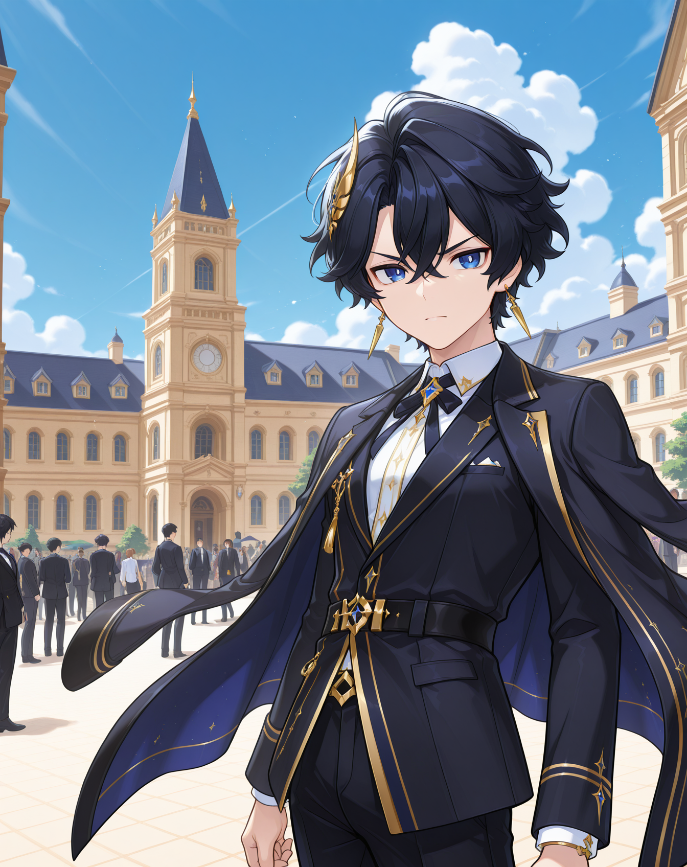masterpiece,best quality,amazing quality, newest, very aesthetic, absurdres,
1boy, solo, yaoi, male focus, looking at viewer, cowboy shot, standing,
 <lora:Noah_Celestia_ilxl:1> noahcl, short hair, black hair, hair between eyes, blue eyes, crossed bangs, v-shaped eyebrows,
formal, tuxedo, neck ribbon, white shirt, collared shirt, black pants, shoes, black footwear, suit jacket, black jacket,
outdoors, day, blue sky, building, people,