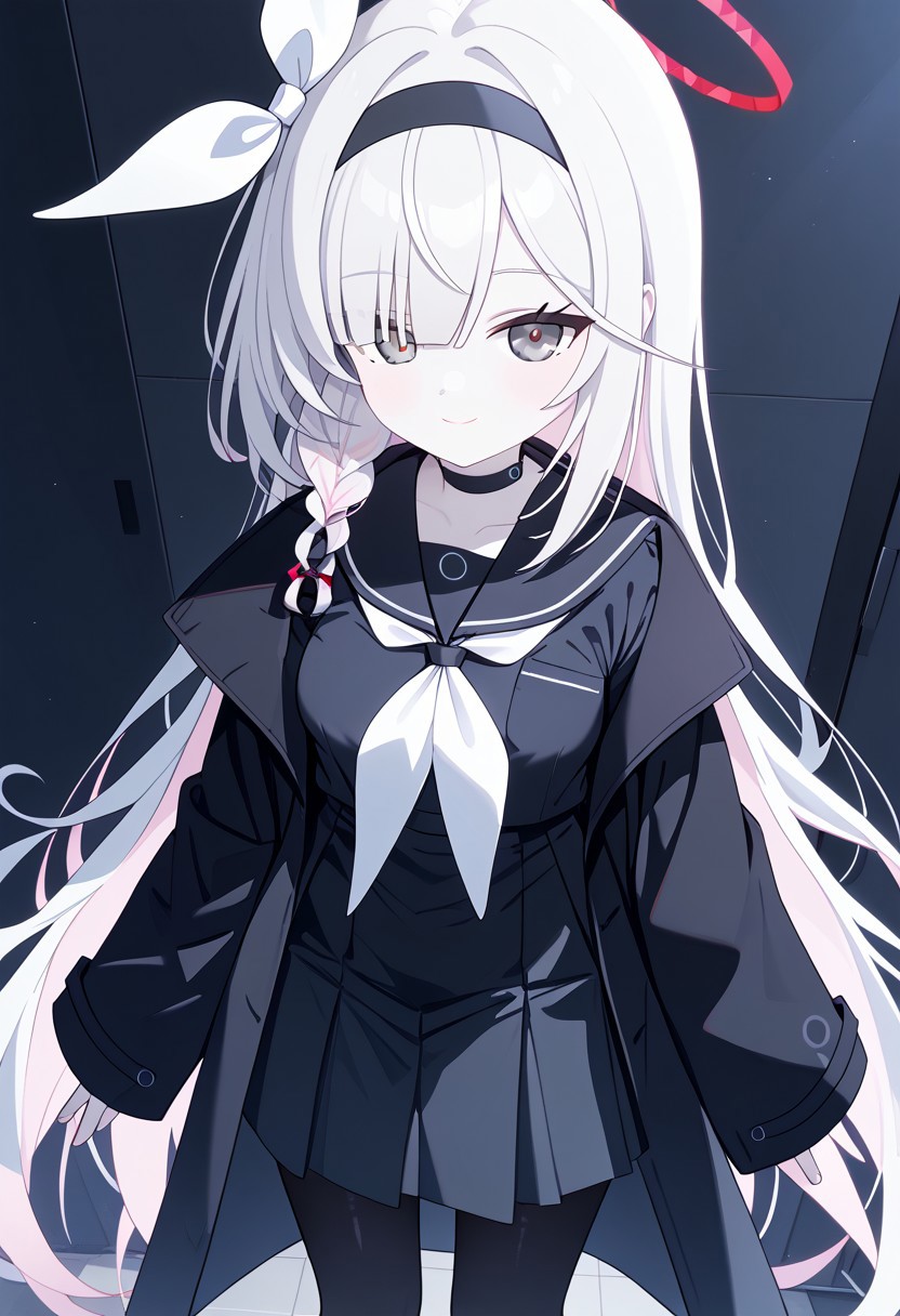 best quality, highres, masterpiece, 1girl, Plana_(Blue_Archive), grey eyes, white hair, bangs, long hair, single braid, hairband, black hairband, hair ribbon, choker, halo, (unnaturally white skin:1.2), (pale skin:1.1), 
(shiny skin:1.2), standing, closed mouth, medium breasts, smile, looking at viewer, thighs, facing viewer, black serafuku long sleeve, coat removed, white neckerchief, black skirt, black pantyhose