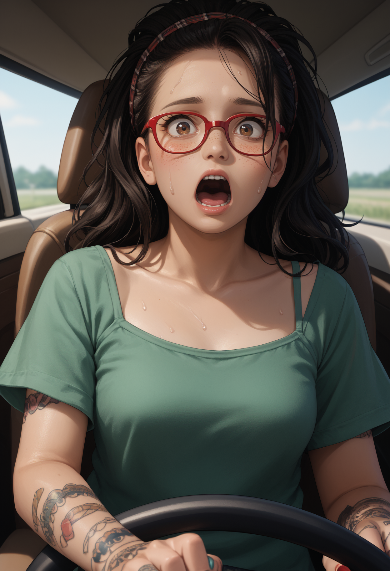 score_9, score_8_up,score_7_up, source_anime, 1girl, solo, <lora:DMCNC_pdxl_EliPot:1> Ncltt, mature female, 
black hair, long hair, brown eyes, glasses, red-framed eyewear, plaid hairband, freckles, 
arm tattoo, hand tattoo, nail polish, 
 !!, blush, green shirt, driving, looking at viewer, motion blur, open mouth, shirt, short sleeves, spaghetti strap, steering, steering wheel, surprised, sweat, upper body, screaming, panicking, wide-eyed