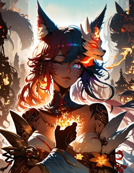 score_9, score_8_up, score_7_up, 1girl, (Silhouette) of (ahri:.9) from \(league_of_legends\) casting a double exposure of Vastaya cityscape, beautiful face, wrnchexpwhimsicalvisions, black outline, silhouette, tribal, rainbow flaming eye, rainbow eye trail, (holding fox mask), multiple tails, closeup, portrait