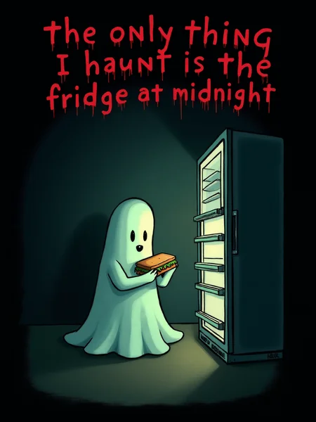 (the words "The only thing I haunt is the fridge at midnight" in dark red at the top:2.0), a ghost holding a sandwich in front of an open fridge, text focus, <lora:Text_Logo_-_Style:1>