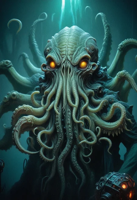 DnD_Grainyboyz, grainy, noise, Dark cyberpunk artwork, Extremely hyper realistic detailed cthulhu,