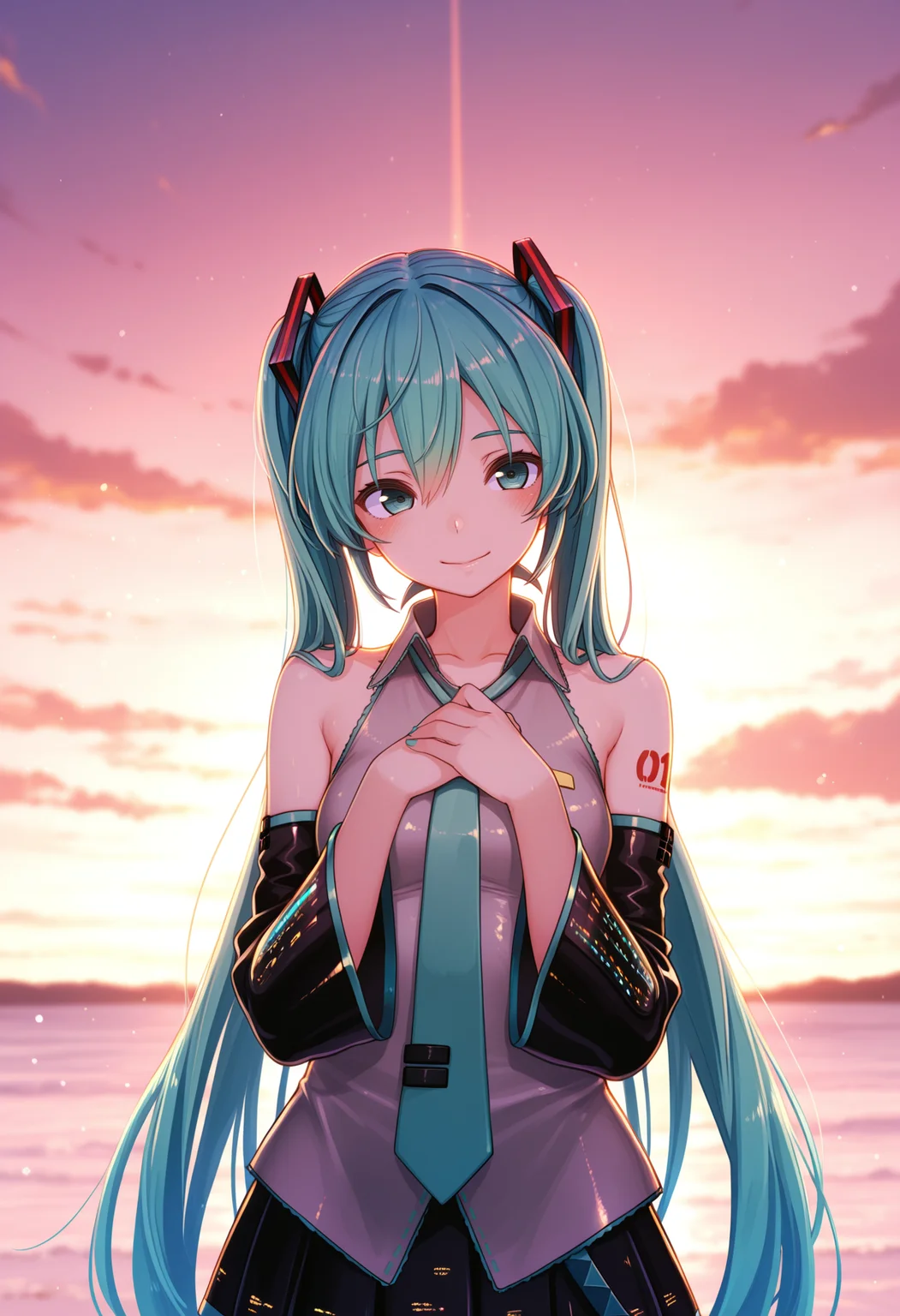 (best quality , masterpiece, good quality), 1girl, solo, hatsune miku, akasaaistyle, <lora:akasaaistyle_ilxl:1>,