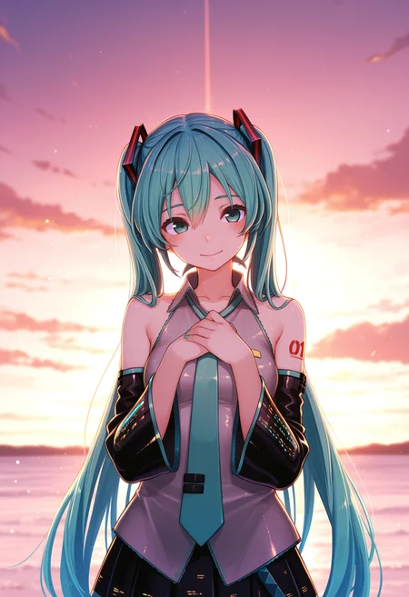 (best quality , masterpiece, good quality), 1girl, solo, hatsune miku, akasaaistyle, <lora:akasaaistyle_ilxl:1>,
