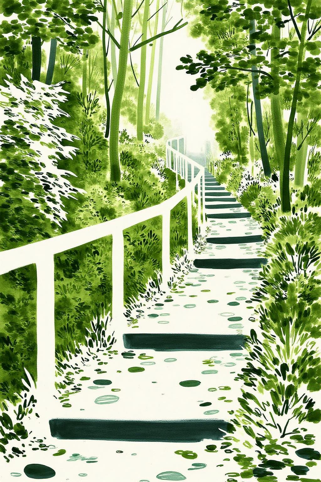 watercolor illustration.
A serene, winding path through a lush forest. The path, which is the central focus, is composed of a series of steps that ascend diagonally from the bottom left corner towards the top right, disappearing into a misty, ethereal light. There is a guard rail along the winding path. <lora:minink1_cap_d6a3e12:1.0><lora:825124300869746676:0>