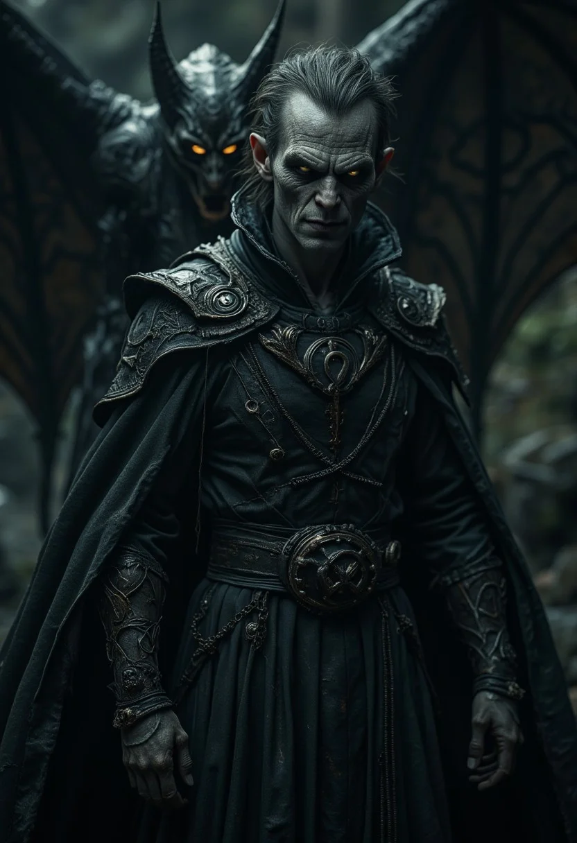 A captivating dark fantasy shot in dynamic angle featuring a soul-bound warlock with an androgynous appearance, drawing inspiration from the distinct styles of Anato Finnstark and Greg Rutkowski. The gaunt figure has hollow eyes, pale skin, matted hair, and a sinister smile, exuding an aura of inner turmoil. Clad in an ornate, dark robe adorned with occult symbols, the warlock demonstrates a deep connection to dark magic. A demonic entity looms behind them, possessing sharp, menacing features and glowing eyes. The tense, foreboding atmosphere captures the essence of a dark pact and cinematically conveys the turmoil within the warlock's soul.,