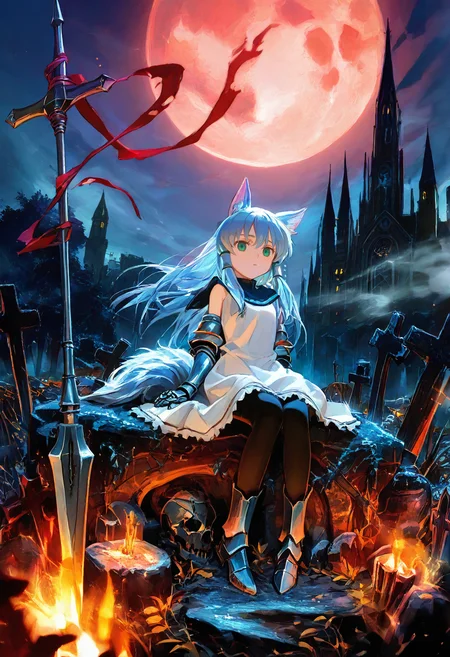 score_9, score_8_up, score_7_up,score_6_up, ciloranko, source_anime, rating_safe, Dark-Souls, solo, 1girl, long-dress, white-dress, blue-hair, leggings, elbow-gloves, medium-breasts, hair-tubes, castle-town, skyline, armored-boots, gauntlets, leggings, long-hair, fog, misty-horizon, wolf-tail, wolf-ears, full-moon, windy, cemetery, cross-symbol, sitting-on-rock, planted-spear,<lora:cfg_scale_boost:0.4>