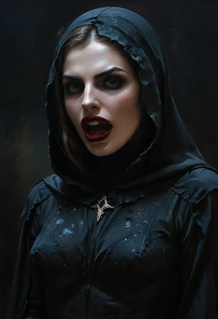 in the style of a highly detailed, dark oil painting, focusing on the intricate skin texture and subtle lighting effects. The image presents a pretty girl desguise with a vampire sexy outfit,open mouth fangs exposed,carmin and black hood cape