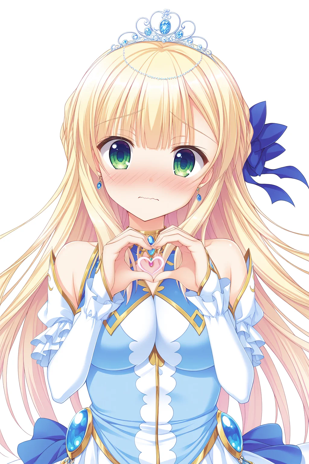 masterpiece, best quality, high quality, detailed, absurdres,newest, scenery, 1girl, solo, official style,best perspective,depth of field, very_aesthetic, best_quality ,high_resolusion, (8K:1.5),,crisp quality, ultra detailed,perfect anatomy,perfect lighting,anime screencap, perfect eyes,detailed eyes, <lora:Sylvia_Final_IL:1>,1girl,Sylvia,blonde hair,long hair,green eyes, bangs,princess sylvia,blue dress,white dress, layered dress, frilled dress, fantasy outfit,gold trim,detached sleeves, bare shoulders, tiara, gemstone jewelry, necklace, earrings, ornate, hair ribbon, single_hair_ribbon, large_hair_ribbon, blue_hair_ribbon, back_tied_hair_ribbon, white pantyhose,
1girl, solo, heart hands, heart, blush, long hair, looking at viewer, (upper body:1.3),, bangs, closed mouth, simple background, embarrassed,frown,wavy mouth,nose blush, head tilt,