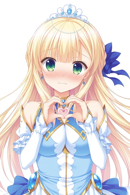 masterpiece, best quality, high quality, detailed, absurdres,newest, scenery, 1girl, solo, official style,best perspective,depth of field, very_aesthetic, best_quality ,high_resolusion, (8K:1.5),,crisp quality, ultra detailed,perfect anatomy,perfect lighting,anime screencap, perfect eyes,detailed eyes, <lora:Sylvia_Final_IL:1>,1girl,Sylvia,blonde hair,long hair,green eyes, bangs,princess sylvia,blue dress,white dress, layered dress, frilled dress, fantasy outfit,gold trim,detached sleeves, bare shoulders, tiara, gemstone jewelry, necklace, earrings, ornate, hair ribbon, single_hair_ribbon, large_hair_ribbon, blue_hair_ribbon, back_tied_hair_ribbon, white pantyhose,
1girl, solo, heart hands, heart, blush, long hair, looking at viewer, (upper body:1.3),, bangs, closed mouth, simple background, embarrassed,frown,wavy mouth,nose blush, head tilt,