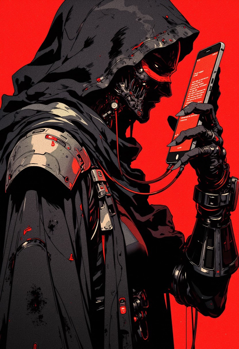 Flat colour ff-fbs style image, Slomesty, this image is a striking, high-contrast composition in deep matte black, blood-red highlights, and faint silver accents, evoking the tension of a silent, unseen predator. The Art Nouveau-inspired curves remain, but now they resemble the intricate, flowing etchings of a masterfully crafted blade, each line precise yet organic, forming a delicate balance between lethal intent and elegance. The elongated, stylized ninja is a shadow given form, clad in a skin-tight, segmented bodysuit of woven nanofibers, designed to absorb light and distort perception. The armor plating is minimal, strategically placed like the exoskeleton of an otherworldly predator, and her hood drapes low, merging seamlessly with the void. A single, glistening red streak marks her mask, the only break in her obsidian silhouette.
She hovers in mid-air, viewed from the side, her slender, clawed fingers delicately holding a sleek, glowing smartphone directly in front of where her face should be. The screen is deep crimson, casting ominous shadows over her concealed features. A faint, encrypted message scrolls across the display in an unknown language—her next target, perhaps, or the final words of an enemy already defeated. Thin, red-tinted wires extend from her fingertips, connecting to the phone’s surface like cybernetic nerves feeding directly into the device.
