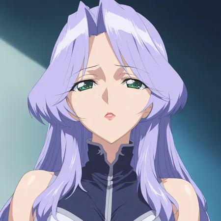solo,anime coloring,looking at viewer,upper_body,portrait,masterpiece,high score,great score,absurdres,dress,bare shoulders,<lora:Freya ag4o:1> freya, long hair, purple hair, green eyes, lipstick,