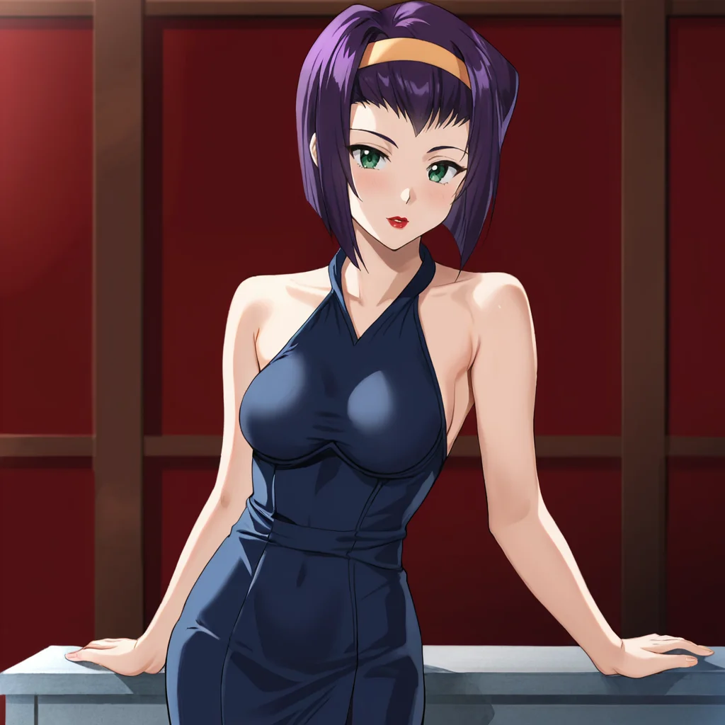 <lora:fayecowboybebop_pony_v1:0.65> Faye, 1girl, solo, purple hair, green eyes, hairband, lipstick, short hair, cowboy shot,  <lora:0932 Home wear 9_v1_pony:1> ruanyi0932,blue dress,halter dress,sleeveless,cowboy shot,taut dress,skin tight,long dress