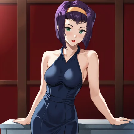 <lora:fayecowboybebop_pony_v1:0.65> Faye, 1girl, solo, purple hair, green eyes, hairband, lipstick, short hair, cowboy shot,  <lora:0932 Home wear 9_v1_pony:1> ruanyi0932,blue dress,halter dress,sleeveless,cowboy shot,taut dress,skin tight,long dress