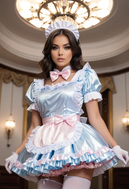 photo of beautiful adult woman, solo, shiny satin, standing, wearing dr3ss, pastel maid outfit, short poofy voluminous skirt, frills, apron, headpiece, <lora:Outfit_soph-PastelFrenchMaid-SDXL:0.7>, full body, grand hall, chandelier, from below, panty shot, chiaroscuro, thighhighs, platform heels, ankle bows