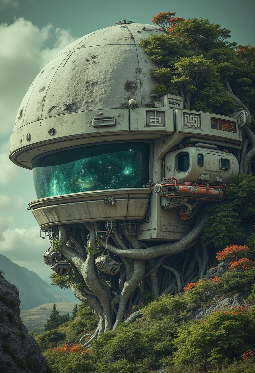 yfg-cehda Ultra-realistic sci-fi cinematic scene showcasing Earth's Moon transformed into a verdant fortress satellite. The moonâs surface is fortified with sleek metallic domes, robust support pylons, and sprawling networks of reinforced bunkers blending seamlessly into the dense, bioluminescent forest. These structures feature intricate lattices and angular reinforcements, layered with adaptive shielding panels for added defense. Massive, interconnected root-like conduits stretch from central power cores deep within the moon, supplying energy to essential systems like atmospheric generators and defense shields, their faint hum and glow illuminating the forested expanse. Orbiting docking stations hover above the surface, connected to the moon via sleek, carbon-fiber bridges and magnetic lifts, providing access to surrounding spacecraft. Through the grand, crystalline viewing towers, panoramic vistas of Earth and the Solar System unfold, visible through reinforced, transparent alloy windows that arc gracefully into the structureâs frame. Each defensive turret, embossed with mythic symbols and enhanced with automated targeting systems, merges both function and form. The structure emits a soft, otherworldly luminescence as the moon orbits, showcasing a unique blend of raw natural beauty and advanced technological architecture.