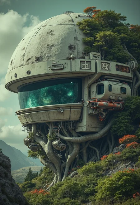 yfg-cehda Ultra-realistic sci-fi cinematic scene showcasing Earth's Moon transformed into a verdant fortress satellite. The moonâs surface is fortified with sleek metallic domes, robust support pylons, and sprawling networks of reinforced bunkers blending seamlessly into the dense, bioluminescent forest. These structures feature intricate lattices and angular reinforcements, layered with adaptive shielding panels for added defense. Massive, interconnected root-like conduits stretch from central power cores deep within the moon, supplying energy to essential systems like atmospheric generators and defense shields, their faint hum and glow illuminating the forested expanse. Orbiting docking stations hover above the surface, connected to the moon via sleek, carbon-fiber bridges and magnetic lifts, providing access to surrounding spacecraft. Through the grand, crystalline viewing towers, panoramic vistas of Earth and the Solar System unfold, visible through reinforced, transparent alloy windows that arc gracefully into the structureâs frame. Each defensive turret, embossed with mythic symbols and enhanced with automated targeting systems, merges both function and form. The structure emits a soft, otherworldly luminescence as the moon orbits, showcasing a unique blend of raw natural beauty and advanced technological architecture.