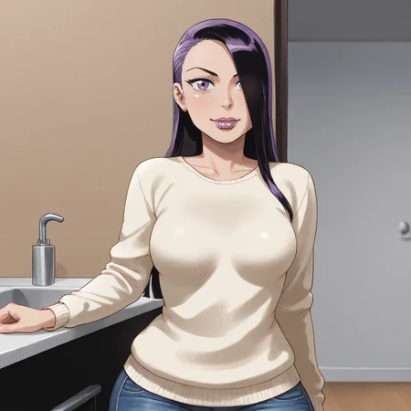 <lora:Vampblade_pony_v1:1>Katie, 1girl, long hair, hair over one eye, black hair, medium breasts,  makeup, purple eyes, cowboy shot, sweater, jeans