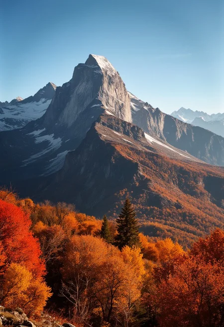 Award-winning photography, towering mountain peak, autumn scenery with vibrant fall colors, clear sky with no clouds, crisp atmosphere, golden and red leaves, sharp mountain textures, dramatic sunlight, wide-angle shot, professional composition, serene and peaceful.